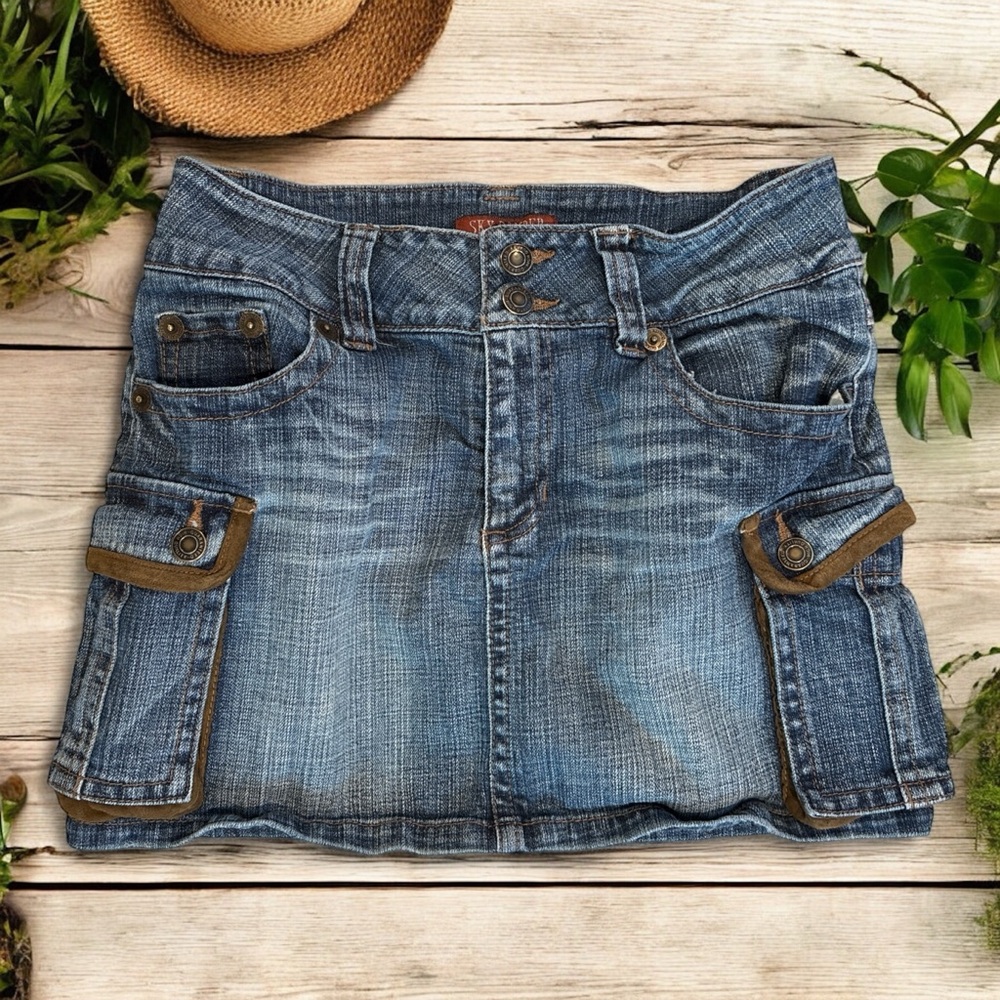 Vtg Sky Bomber Distressed Denim Cargo Mini Skirt | Y2K Utility Style | Size 28